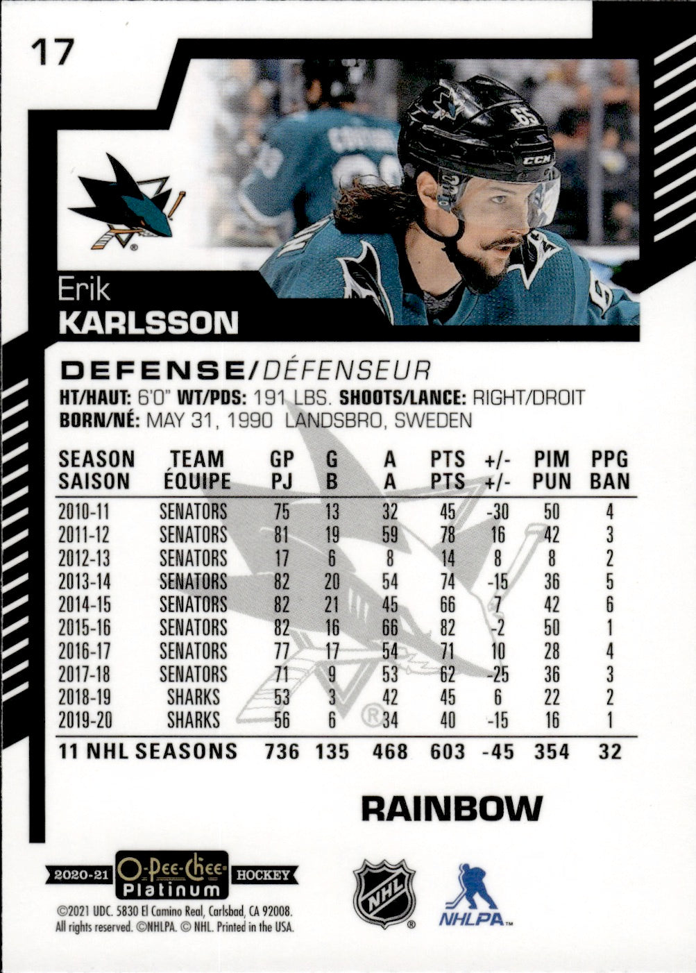 2020-21 Upper Deck O-Pee-Chee Platinum Hockey - Base - Rainbow #17 Erik Karlsson - San Jose Sharks