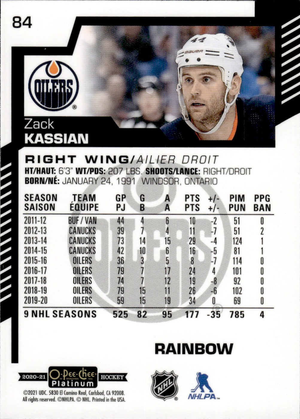 2020-21 Upper Deck O-Pee-Chee Platinum Hockey - Base - Rainbow #84 Zack Kassian - Edmonton Oilers