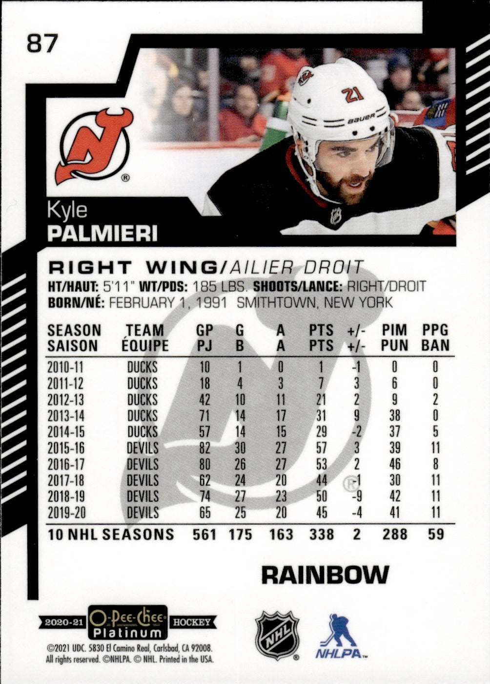 2020-21 Upper Deck O-Pee-Chee Platinum Hockey - Base - Rainbow #87 Kyle Palmieri - New Jersey Devils