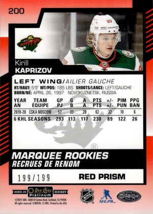 2020-21 Upper Deck O-Pee-Chee Platinum Hockey - Base - Red Prizm - Marquee Rookies /199 #200 Kirill Kaprizov - Minnesota Wild