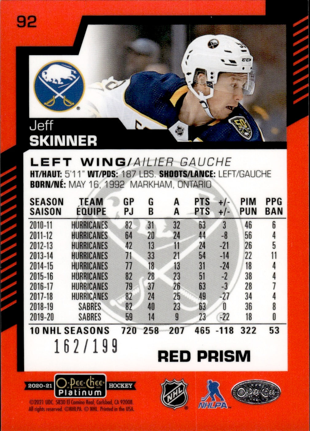 2020-21 Upper Deck O-Pee-Chee Platinum Hockey - Base - Red Prizm /199 #92 Jeff Skinner - Buffalo Sabres