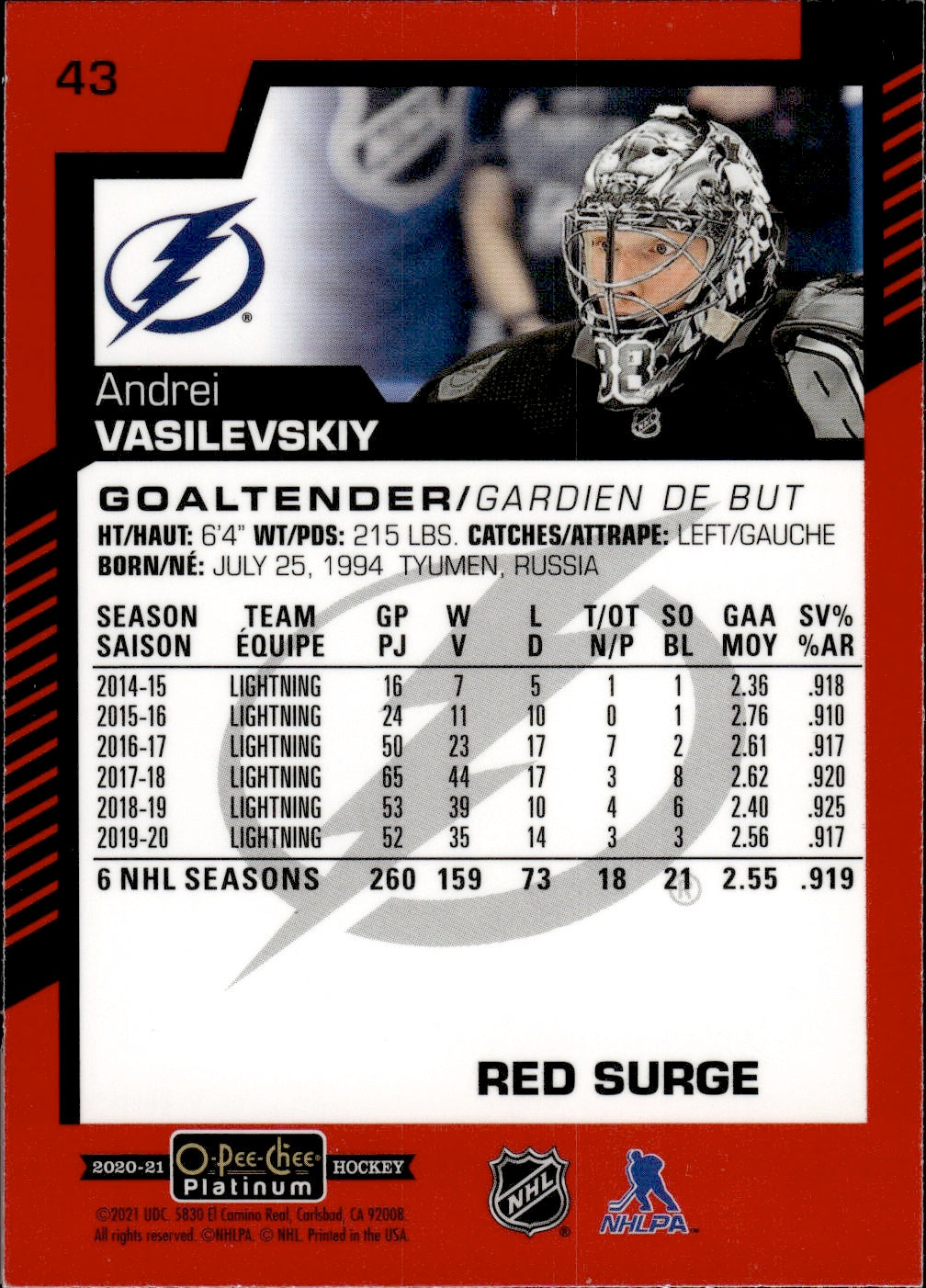 2020-21 Upper Deck O-Pee-Chee Platinum Hockey - Base - Red Surge #43 Andrei Vasilevskiy - Tampa Bay Lightning