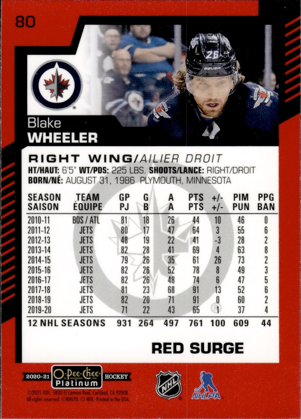 2020-21 Upper Deck O-Pee-Chee Platinum Hockey - Base - Red Surge #80 Blake Wheeler - Winnipeg Jets