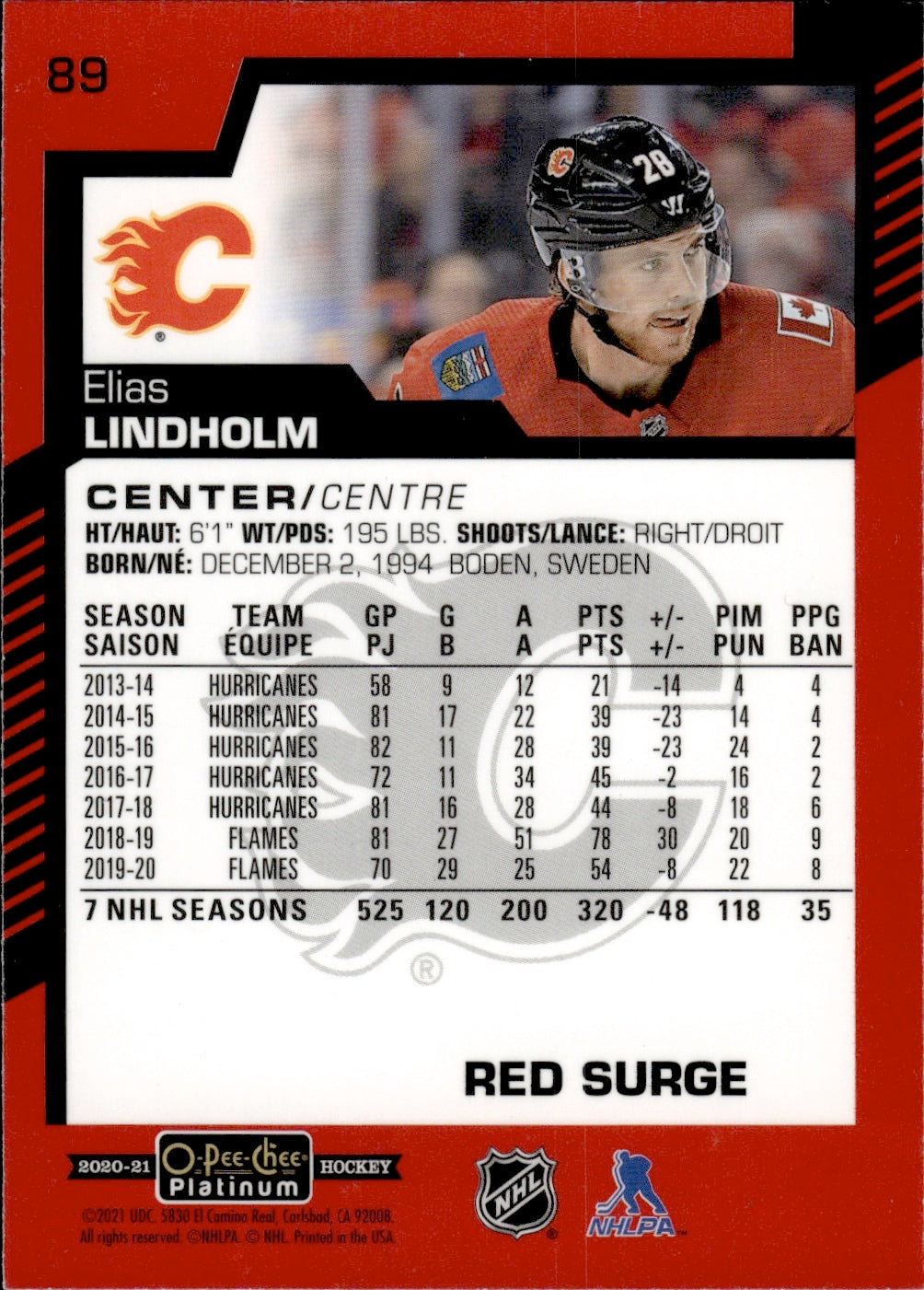 2020-21 Upper Deck O-Pee-Chee Platinum Hockey - Base - Red Surge #89 Elias Lindholm - Calgary Flames