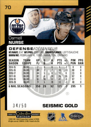 2020-21 Upper Deck O-Pee-Chee Platinum Hockey - Base - Seismic Gold /50 #70 Darnell Nurse - Edmonton Oilers