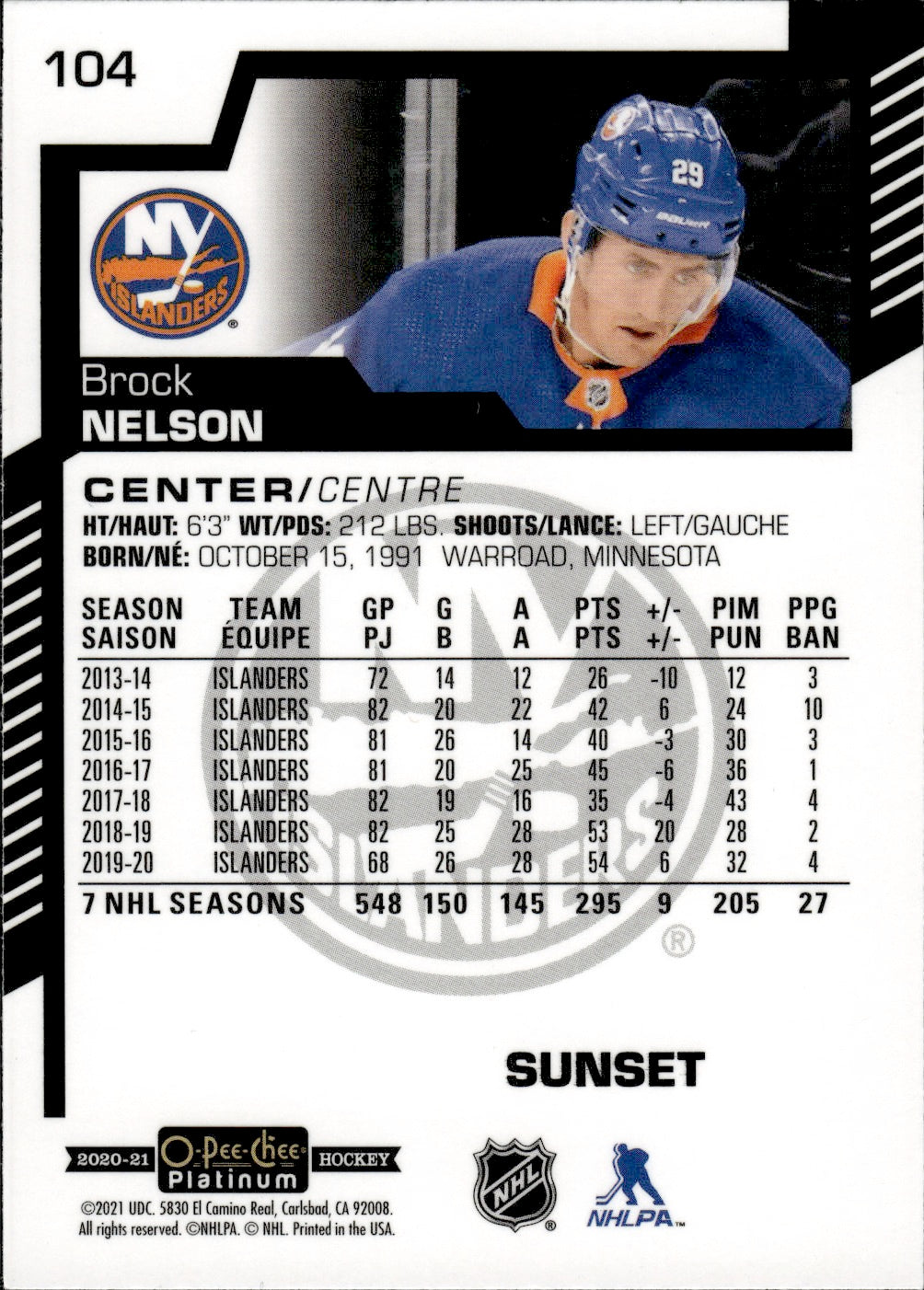 2020-21 Upper Deck O-Pee-Chee Platinum Hockey - Base - Sunset #104 Brock Nelson - New York Islanders