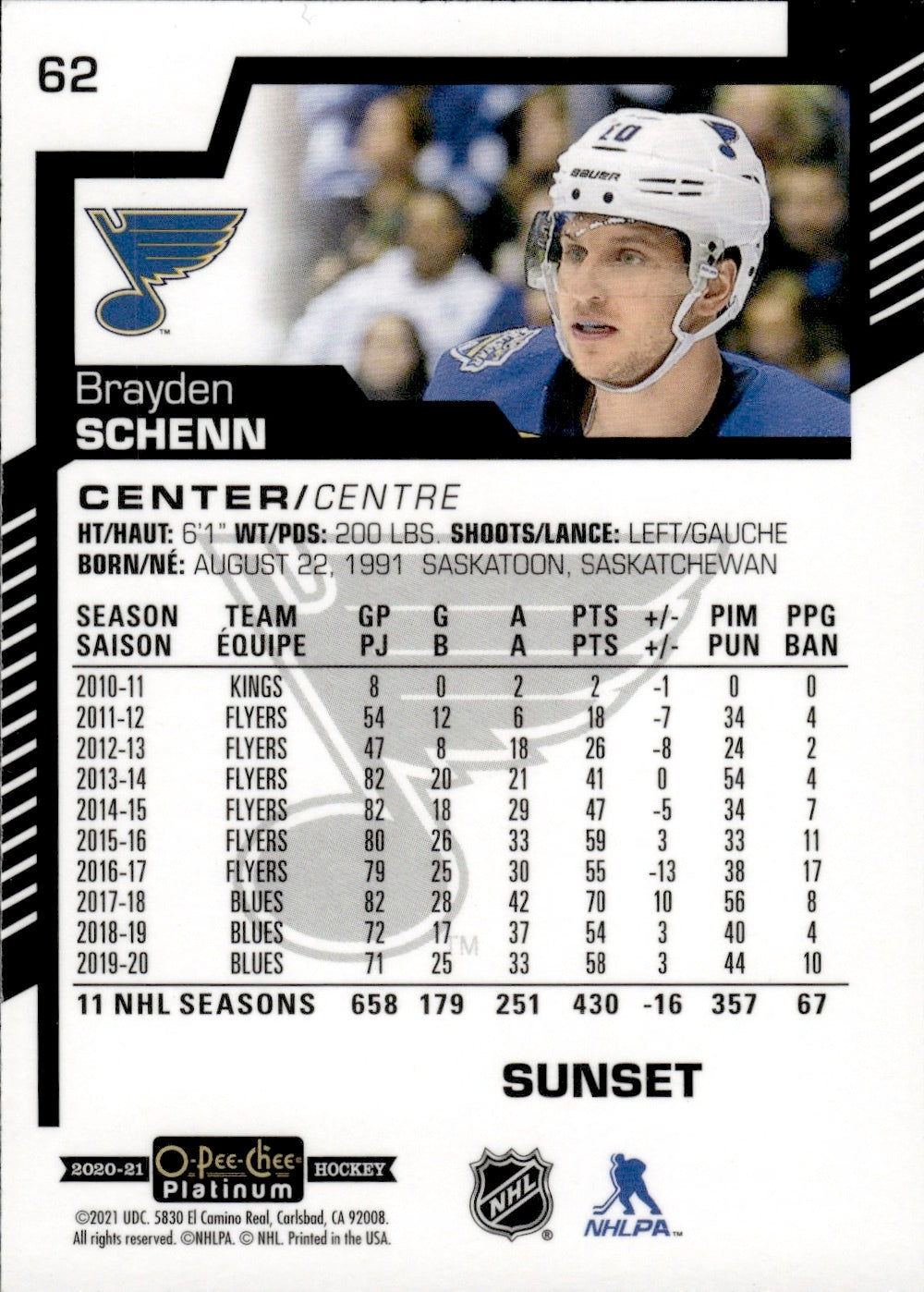 2020-21 Upper Deck O-Pee-Chee Platinum Hockey - Base - Sunset #62 Brayden Schenn - St. Louis Blues