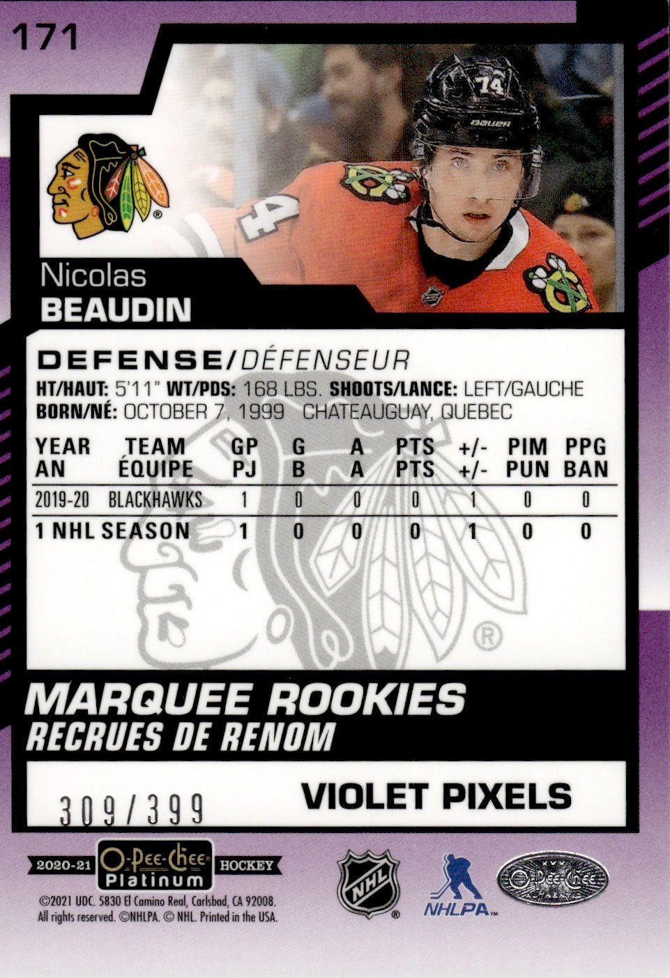 2020-21 Upper Deck O-Pee-Chee Platinum Hockey - Base - Violet Pixels - Marquee Rookies /399 #171 Nicolas Beaudin - Chicago Blackhawks