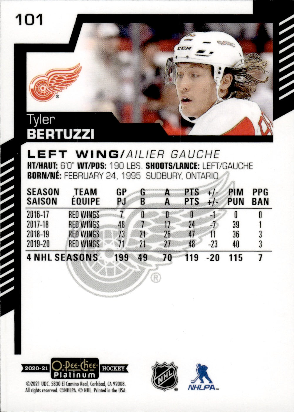 2020-21 Upper Deck O-Pee-Chee Platinum Hockey - Base #101 Tyler Bertuzzi - Detroit Red Wings