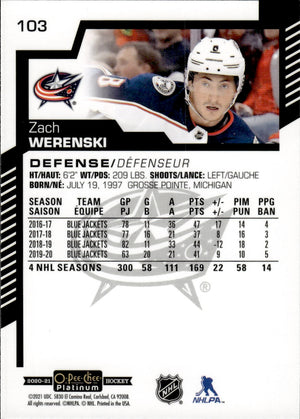 2020-21 Upper Deck O-Pee-Chee Platinum Hockey - Base #103 Zach Werenski - Columbus Blue Jackets