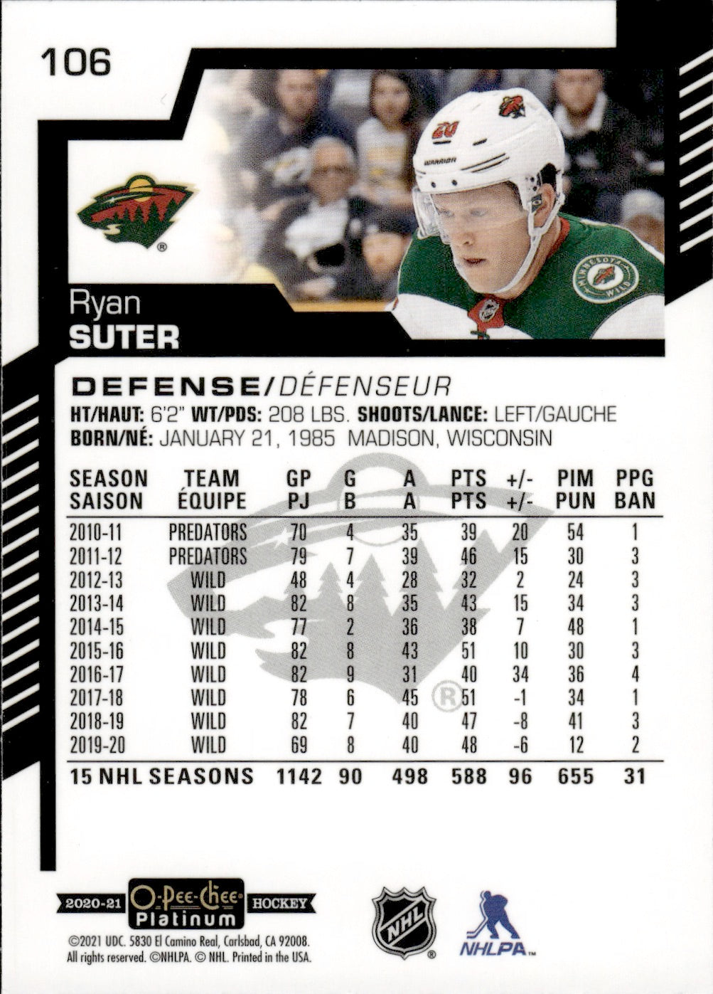 2020-21 Upper Deck O-Pee-Chee Platinum Hockey - Base #106 Ryan Suter - Minnesota Wild