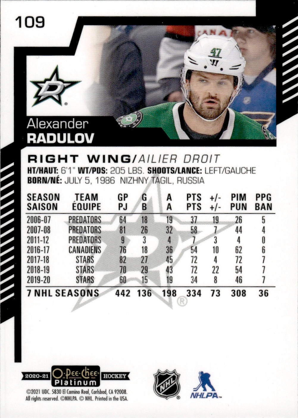 2020-21 Upper Deck O-Pee-Chee Platinum Hockey - Base #109 Alexander Radulov - Dallas Stars