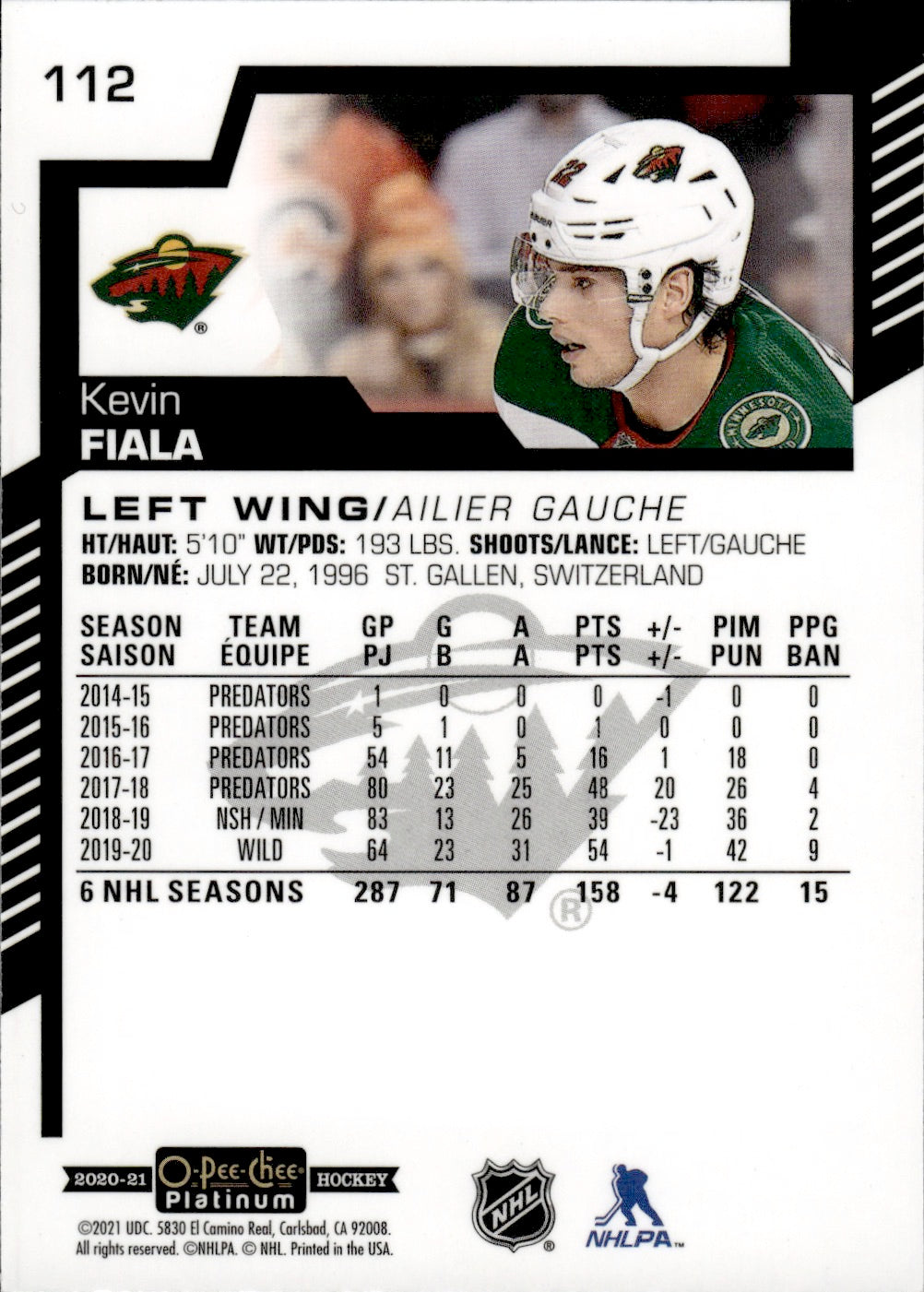 2020-21 Upper Deck O-Pee-Chee Platinum Hockey - Base #112 Kevin Fiala - Minnesota Wild