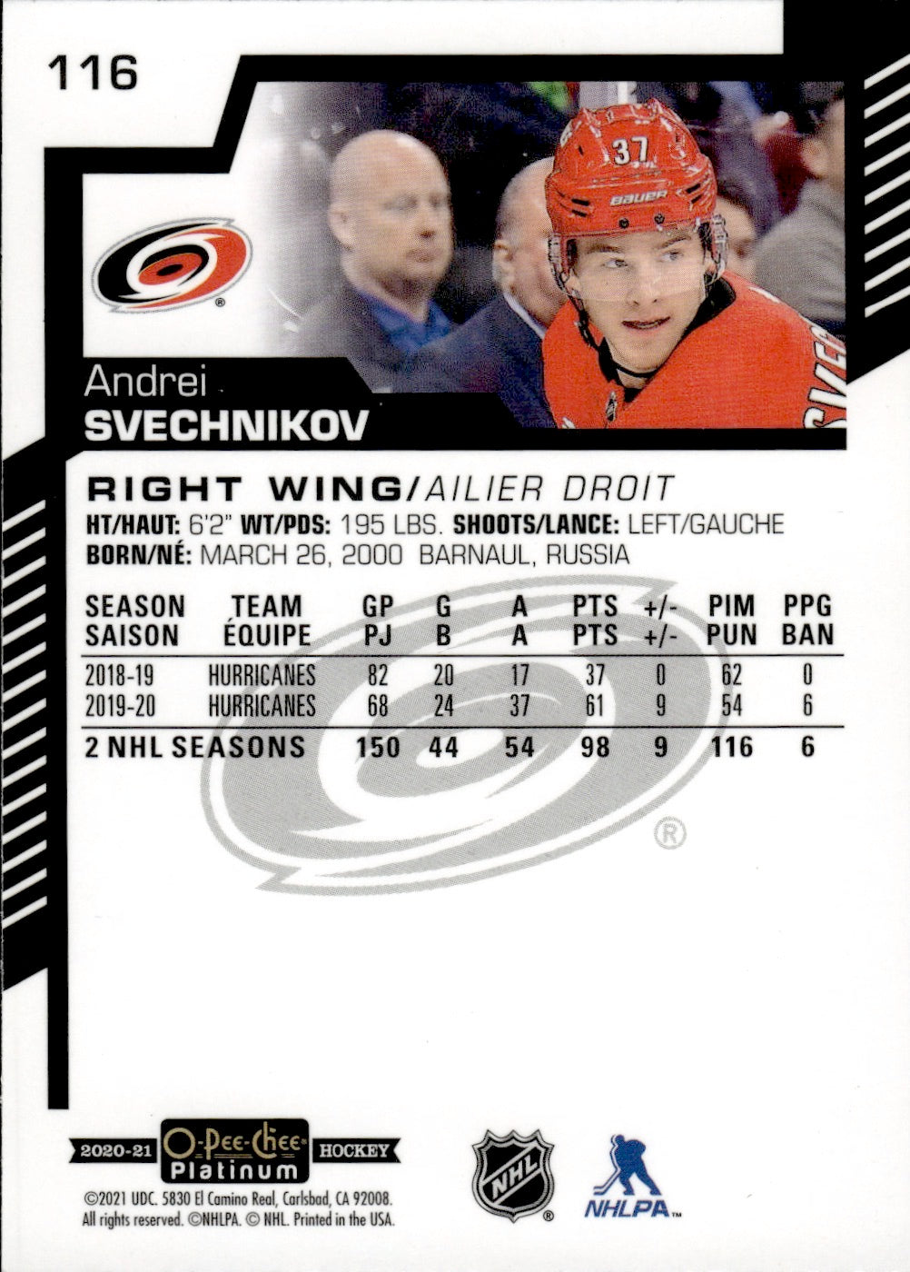 2020-21 Upper Deck O-Pee-Chee Platinum Hockey - Base #116 Andrei Svechnikov - Carolina Hurricanes