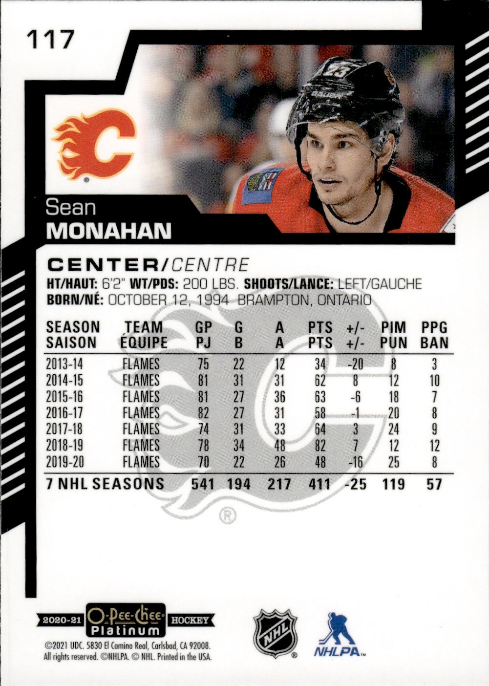 2020-21 Upper Deck O-Pee-Chee Platinum Hockey - Base #117 Sean Monahan - Calgary Flames