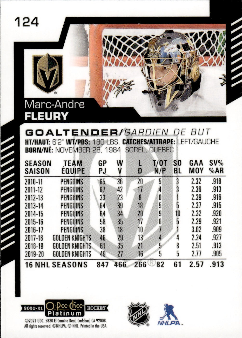 2020-21 Upper Deck O-Pee-Chee Platinum Hockey - Base #124 Marc-Andre Fleury - Vegas Golden Knights