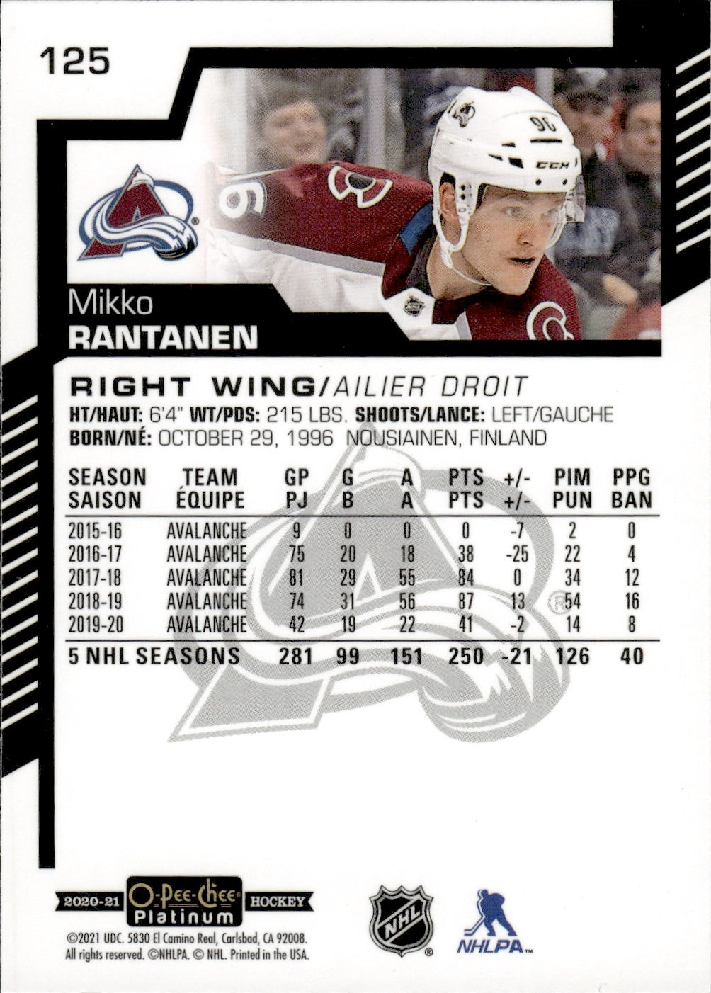 2020-21 Upper Deck O-Pee-Chee Platinum Hockey - Base #125 Mikko Rantanen - Colorado Avalanche