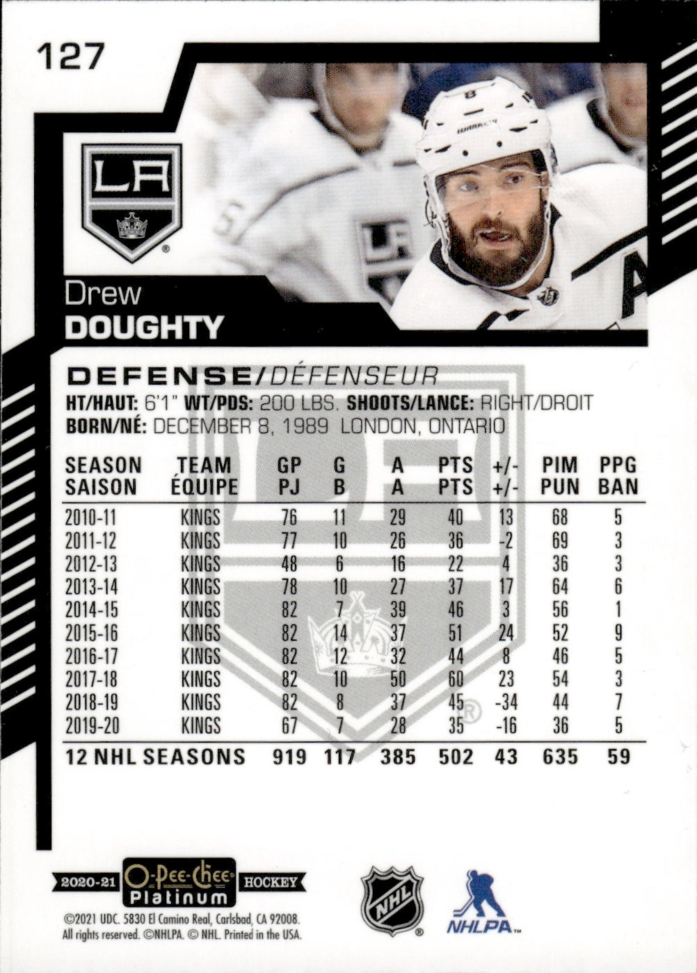 2020-21 Upper Deck O-Pee-Chee Platinum Hockey - Base #127 Drew Doughty - Los Angeles Kings