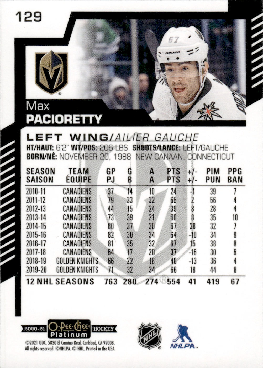 2020-21 Upper Deck O-Pee-Chee Platinum Hockey - Base #129 Max Pacioretty - Vegas Golden Knights