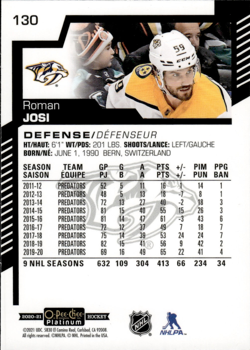 2020-21 Upper Deck O-Pee-Chee Platinum Hockey - Base #130 Roman Josi - Nashville Predators