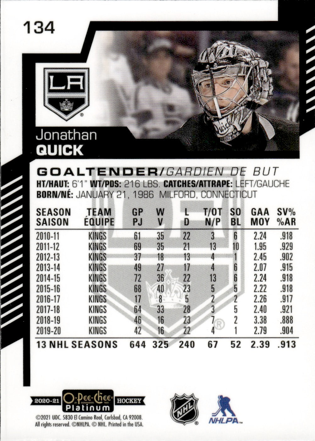 2020-21 Upper Deck O-Pee-Chee Platinum Hockey - Base #134 Jonathan Quick - Los Angeles Kings