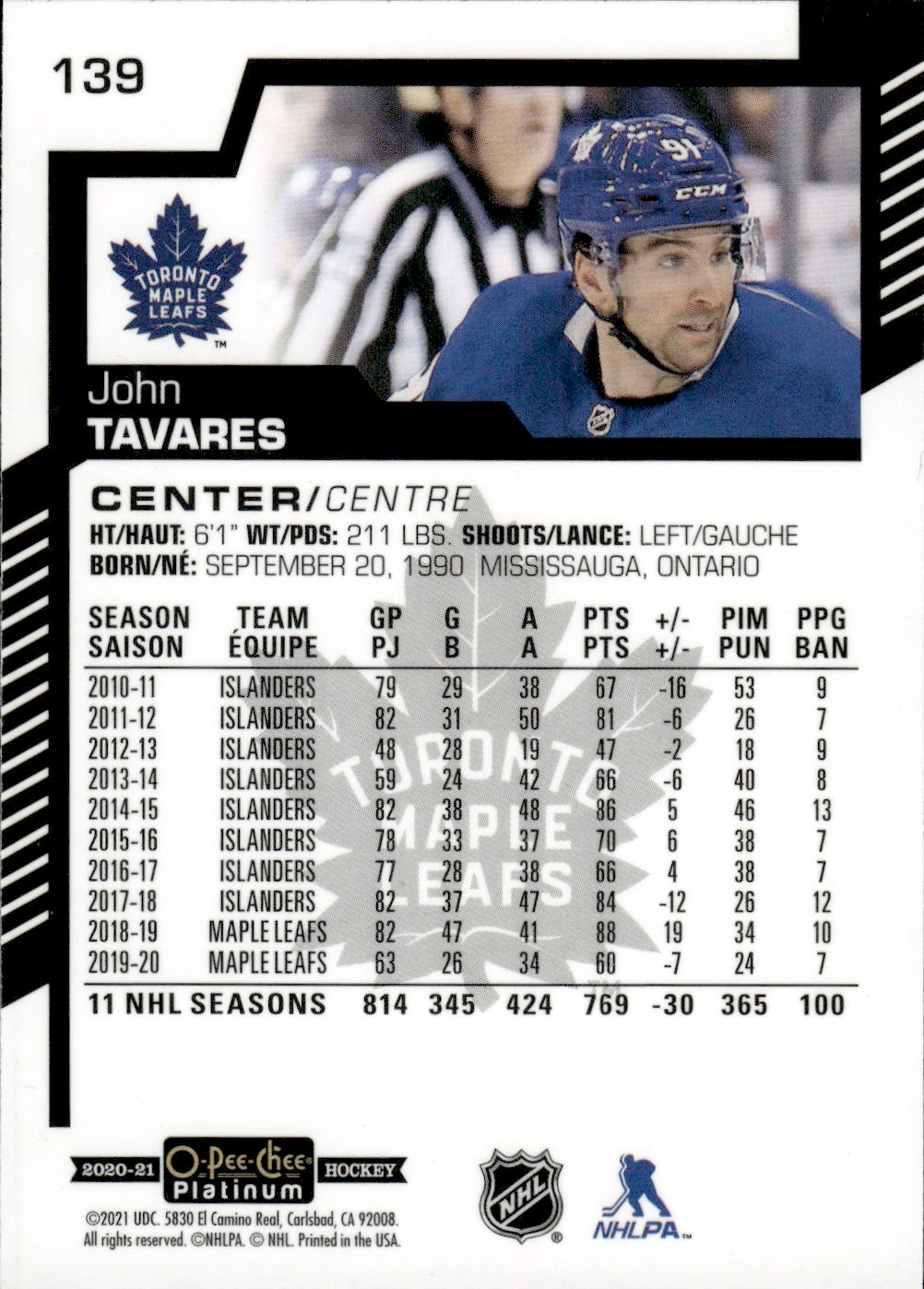 2020-21 Upper Deck O-Pee-Chee Platinum Hockey - Base #139 John Tavares - Toronto Maple Leafs