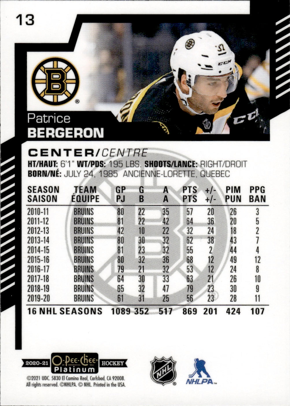 2020-21 Upper Deck O-Pee-Chee Platinum Hockey - Base #13 Patrice Bergeron - Boston Bruins