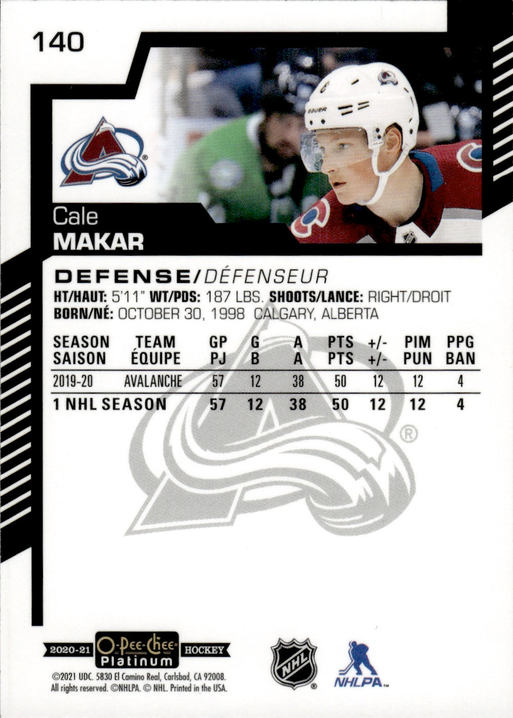 2020-21 Upper Deck O-Pee-Chee Platinum Hockey - Base #140 Cale Makar - Colorado Avalanche