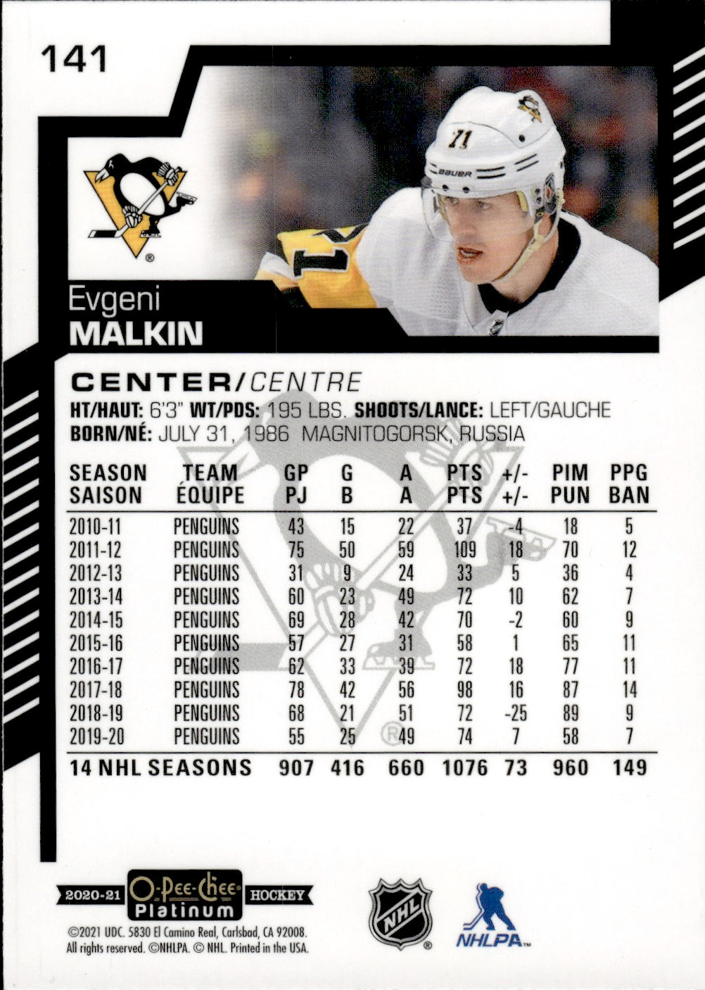 2020-21 Upper Deck O-Pee-Chee Platinum Hockey - Base #141 Evgeni Malkin - Pittsburgh Penguins