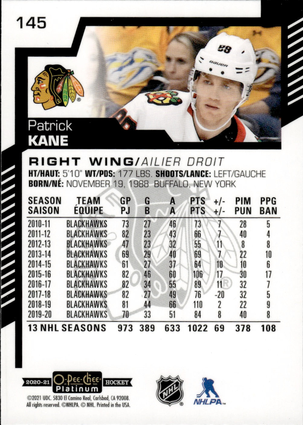 2020-21 Upper Deck O-Pee-Chee Platinum Hockey - Base #145 Patrick Kane - Chicago Blackhawks