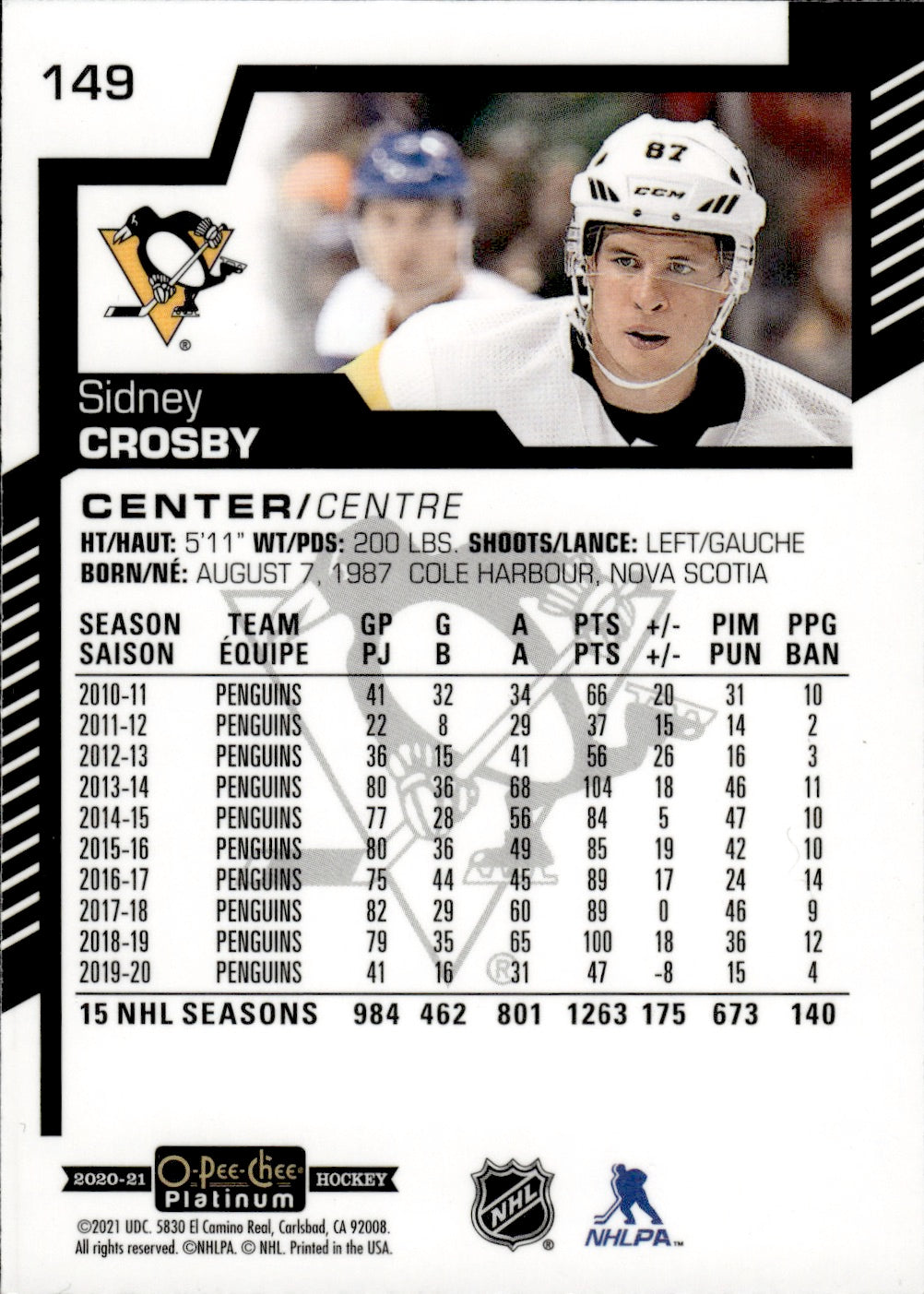 2020-21 Upper Deck O-Pee-Chee Platinum Hockey - Base #149 Sidney Crosby - Pittsburgh Penguins