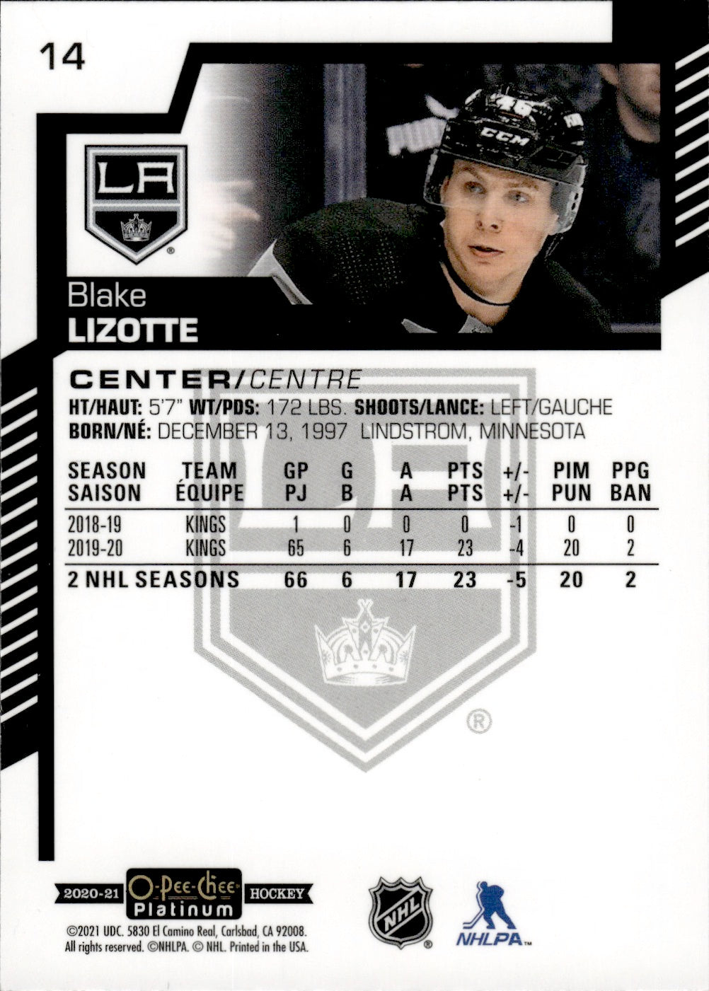2020-21 Upper Deck O-Pee-Chee Platinum Hockey - Base #14 Blake Lizotte - Los Angles Kings
