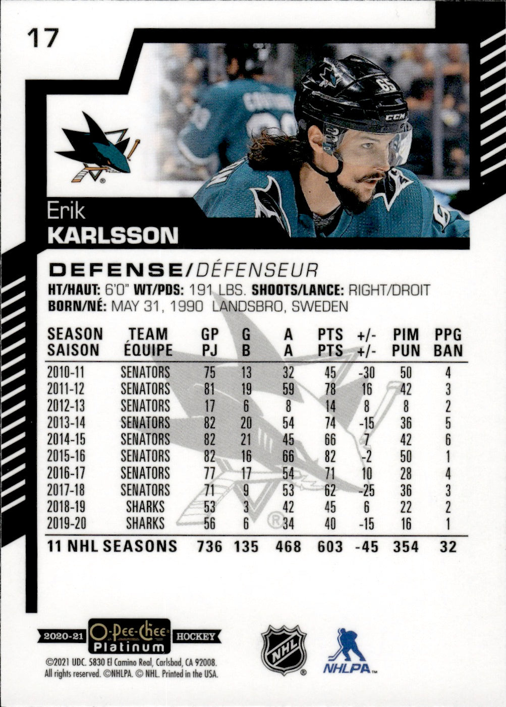 2020-21 Upper Deck O-Pee-Chee Platinum Hockey - Base #17 Erik Karlsson - San Jose Sharks