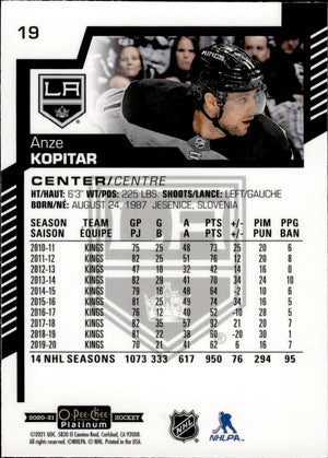 2020-21 Upper Deck O-Pee-Chee Platinum Hockey - Base #19 Anze Kopitar - Los Angeles Kings