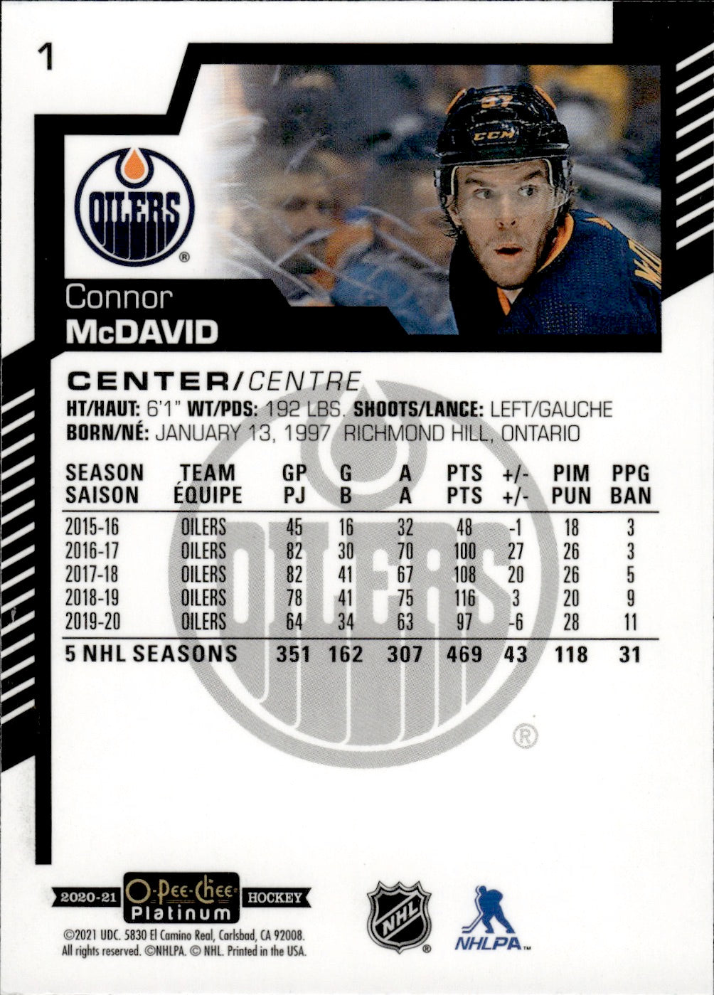 2020-21 Upper Deck O-Pee-Chee Platinum Hockey - Base #1 Connor McDavid - Edmonton Oilers