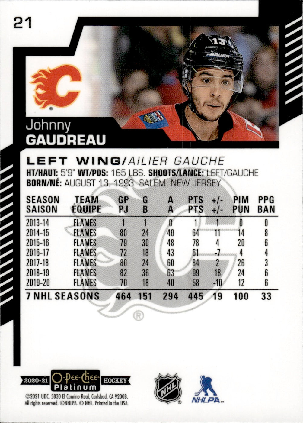 2020-21 Upper Deck O-Pee-Chee Platinum Hockey - Base #21 Johnnu Gaudreau - Calgary Flames