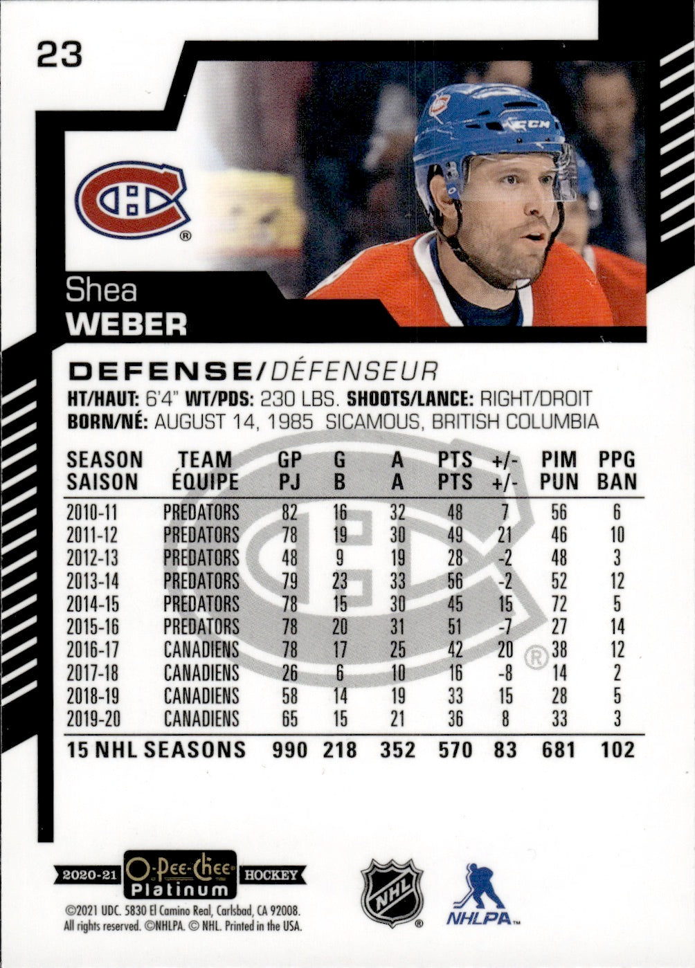 2020-21 Upper Deck O-Pee-Chee Platinum Hockey - Base #23 Shea Webber - Montreal Canadiens
