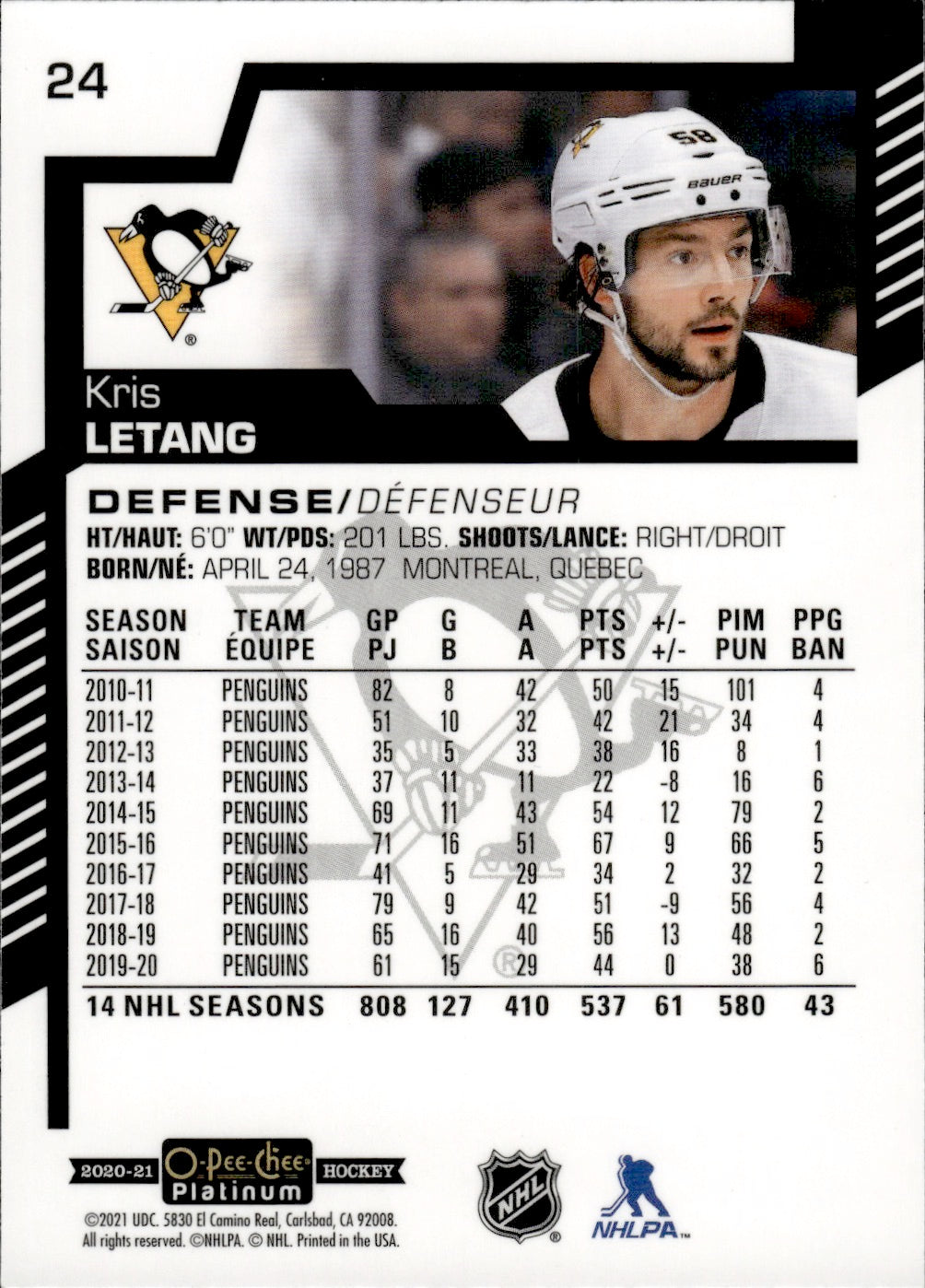 2020-21 Upper Deck O-Pee-Chee Platinum Hockey - Base #24 Kris Letang - Pittsburgh Penguins