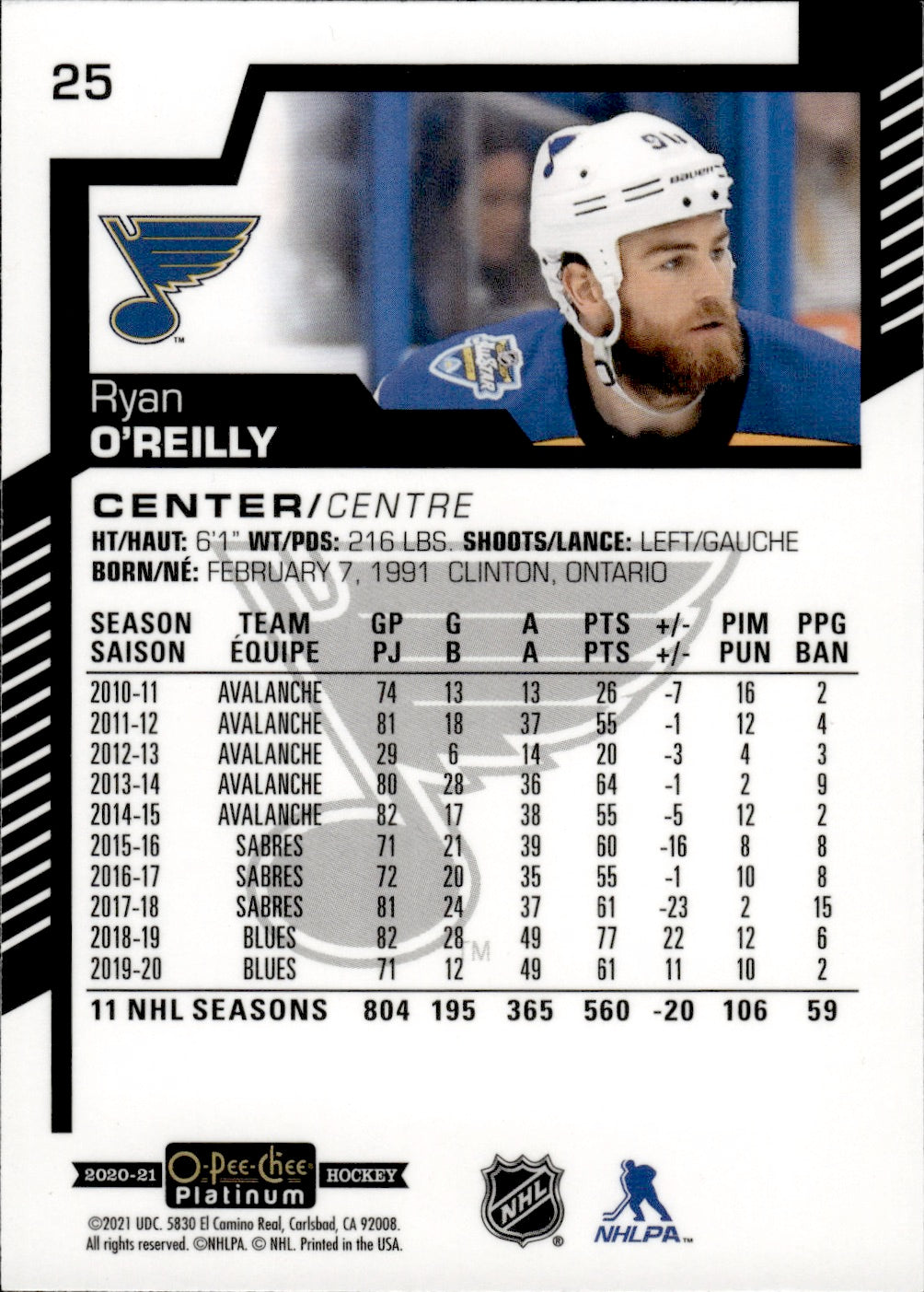 2020-21 Upper Deck O-Pee-Chee Platinum Hockey - Base #25 Ryan O'Reilly - St. Louis Blues