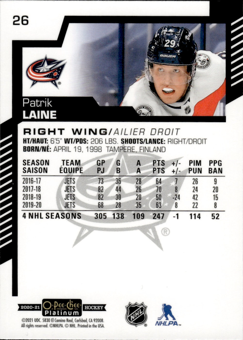 2020-21 Upper Deck O-Pee-Chee Platinum Hockey - Base #26 Patrik Laine - Columbus Blue Jackets