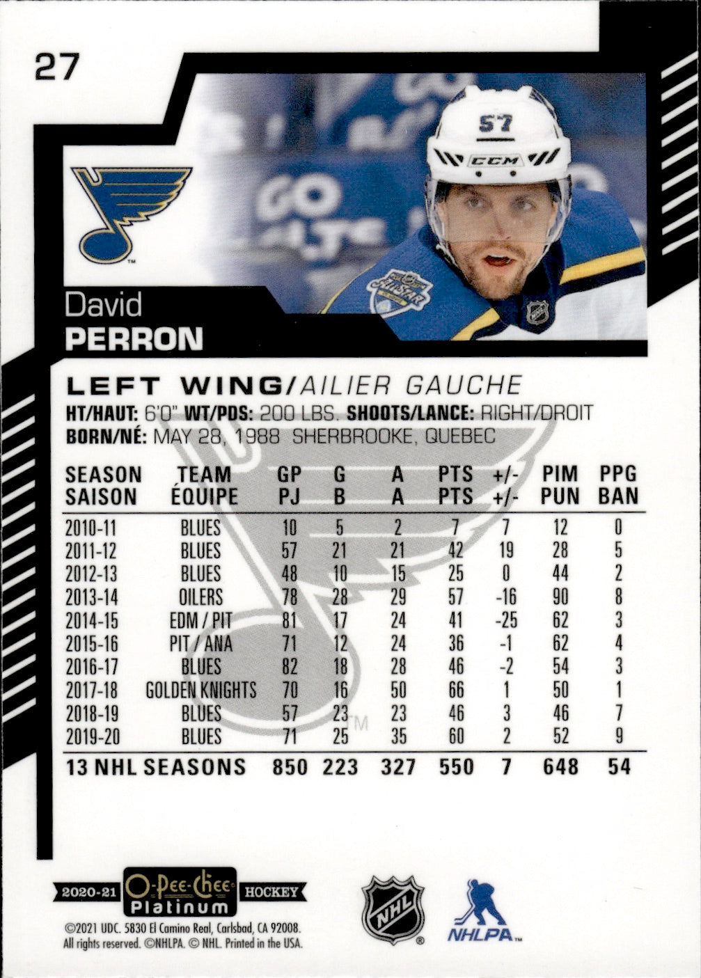 2020-21 Upper Deck O-Pee-Chee Platinum Hockey - Base #27 David Perron - St. Louis Blues