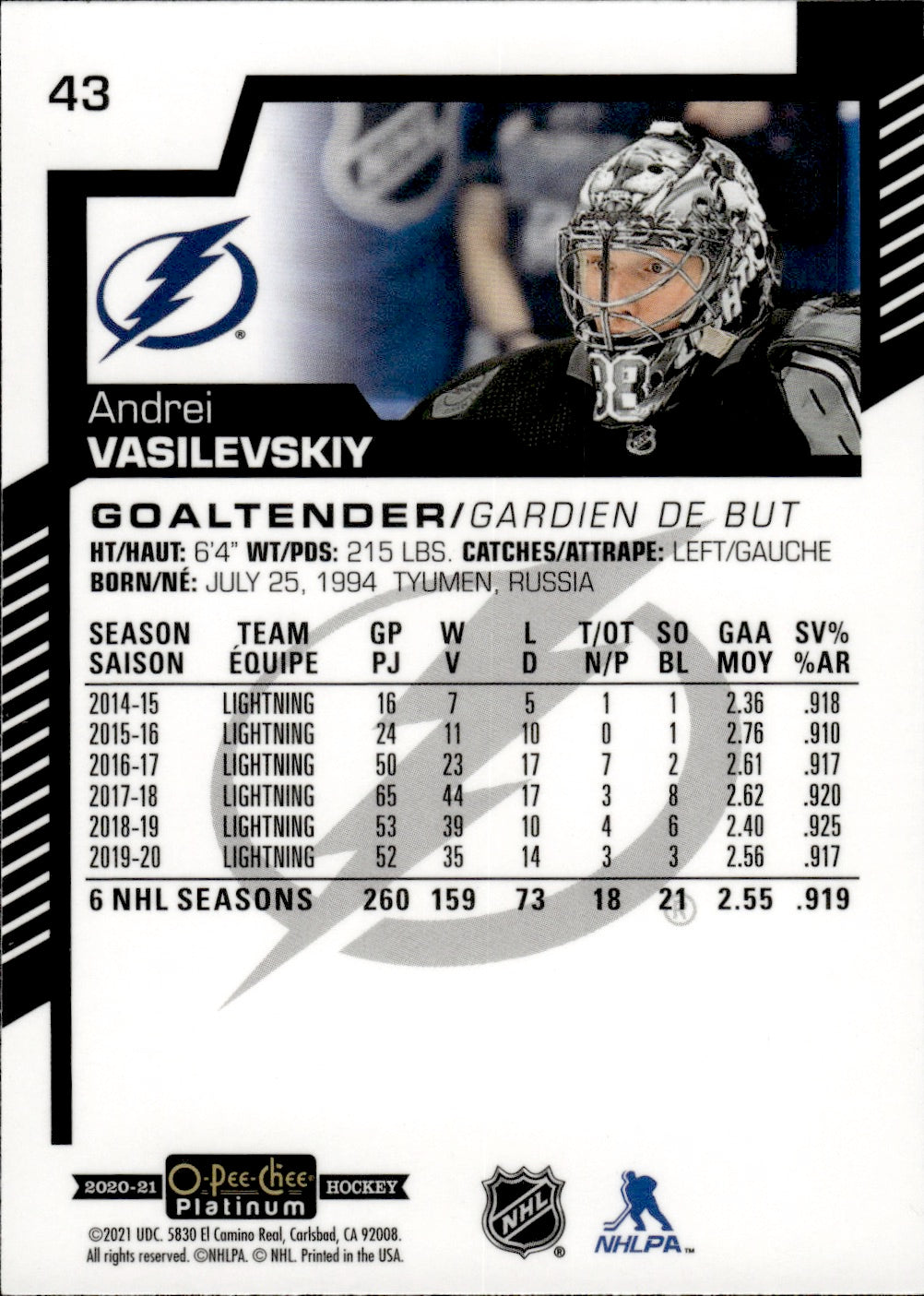 2020-21 Upper Deck O-Pee-Chee Platinum Hockey - Base #43 Andrei Vasilevskiy - Tampa Bay Lightning