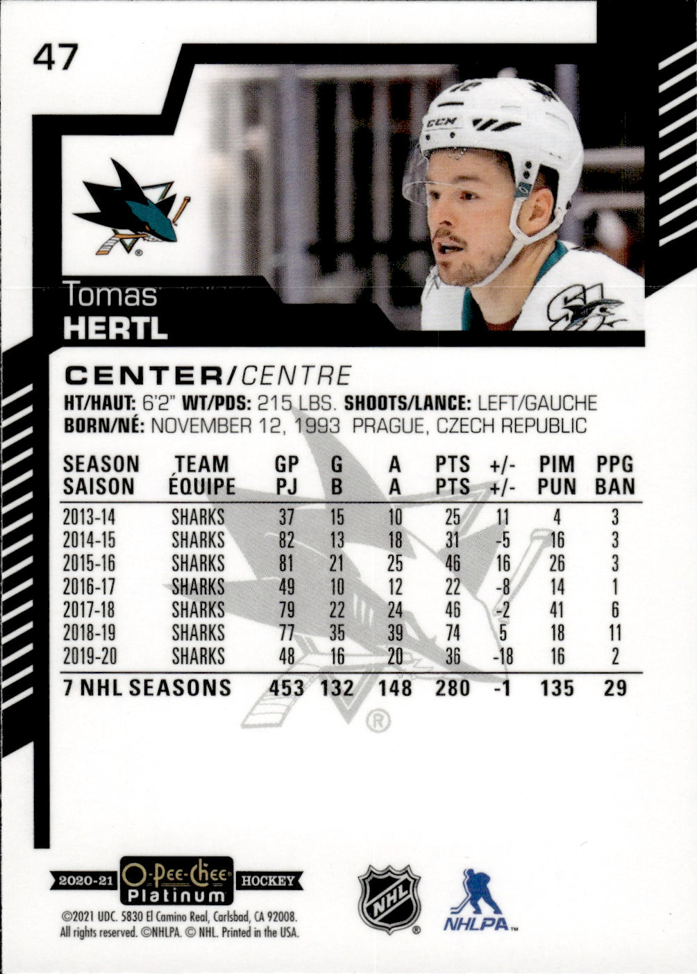 2020-21 Upper Deck O-Pee-Chee Platinum Hockey - Base #47 Tomas Hertl - San Jose Sharks