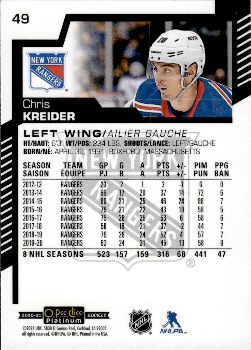 2020-21 Upper Deck O-Pee-Chee Platinum Hockey - Base #49 Chris Kreider - New York Rangers