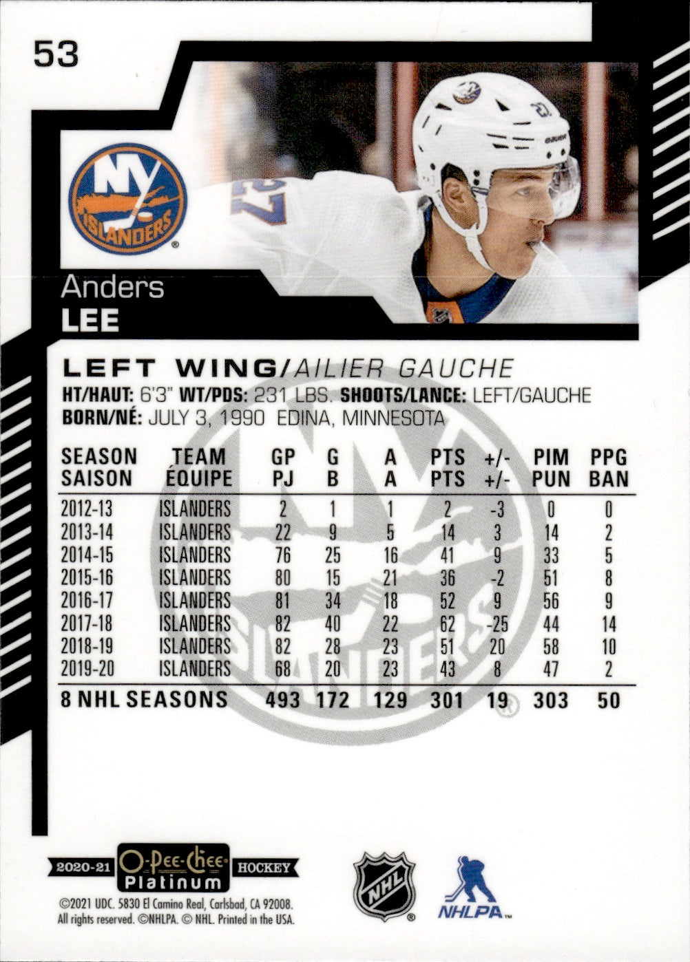 2020-21 Upper Deck O-Pee-Chee Platinum Hockey - Base #53 Anders lee - New York Islanders