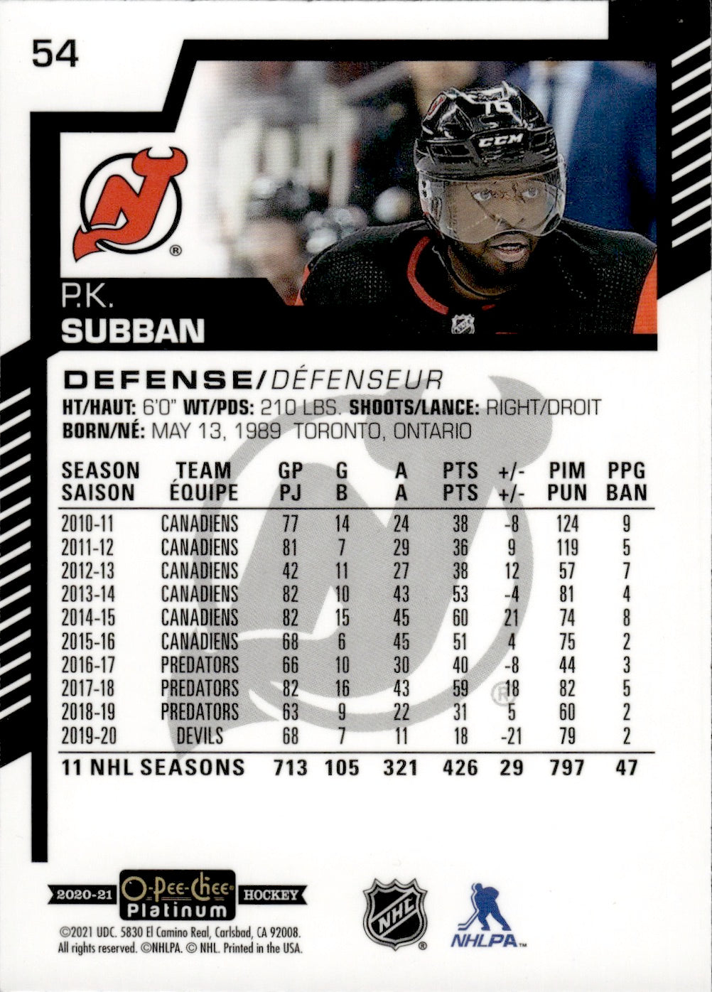 2020-21 Upper Deck O-Pee-Chee Platinum Hockey - Base #54 P.K. Subban - New Jersey Devils