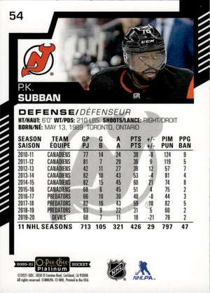 2020-21 Upper Deck O-Pee-Chee Platinum Hockey - Base #54 P.K. Subban - New Jersey Devils