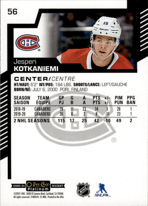 2020-21 Upper Deck O-Pee-Chee Platinum Hockey - Base #56 Jesperi Kotkaniemi - Montreal Canadiens