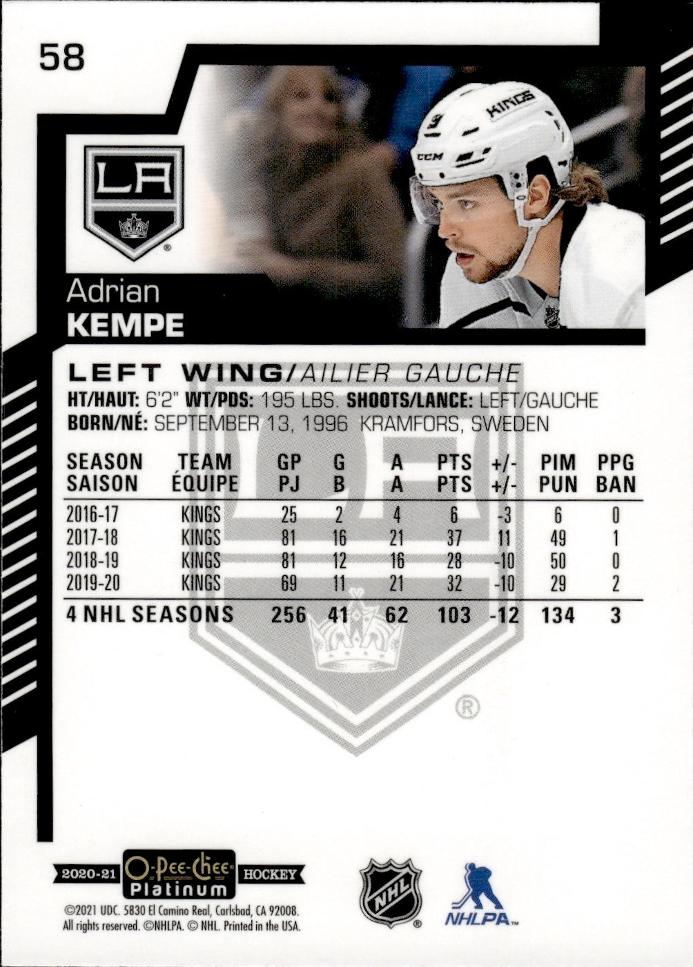 2020-21 Upper Deck O-Pee-Chee Platinum Hockey - Base #58 Adrian Kempe - Los Angles Kings