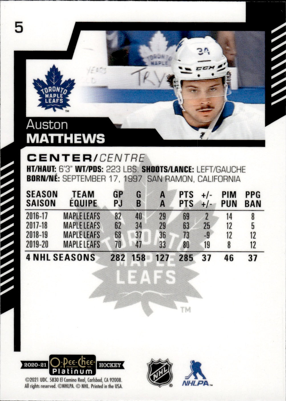2020-21 Upper Deck O-Pee-Chee Platinum Hockey - Base #5 Auston Matthews - Toronto Maple Leafs